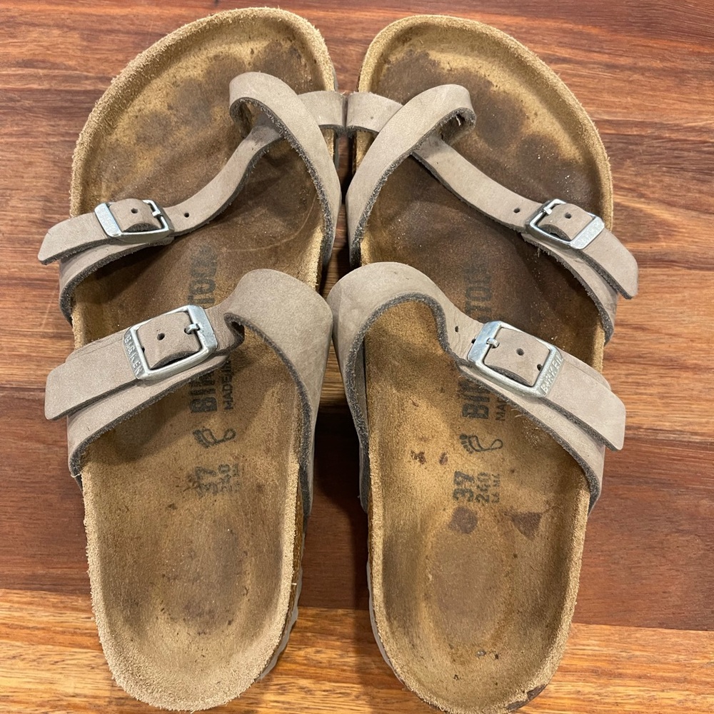 Birkenstock Mayari in the color stone. Loved but still many more comfy miles.